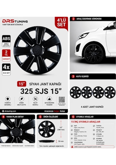 Chevrolet Uyumlu 15 Inc Kırılmaz Parlak Siyah Jant Kapağı 1 Takım 4 Adet No:325