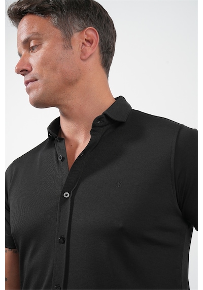 İmza Siyah İtalyan Yaka Kısa Kol Cepsiz Slim Fit Pamuklu Gömlek 1004260158