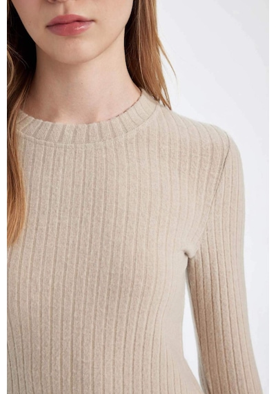 DeFacto Bodycon Vücudu Saran Bisiklet Yaka Basic Düz Kaşkorse Uzun Kollu Maxi Elbise D3373AX24WNBG123 Bej