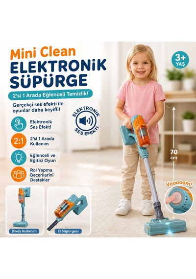 Mini Clean Elektronik Oyuncak Süpürge Sesli 2 Si 1 Arada Çocuk Süpürgesi Eğitici Evcilik Oyuncağı