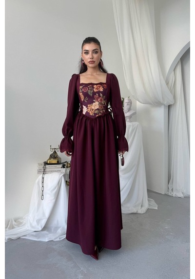 Nils Boutique Vintage Korsajlı Midi Elbise Bordo