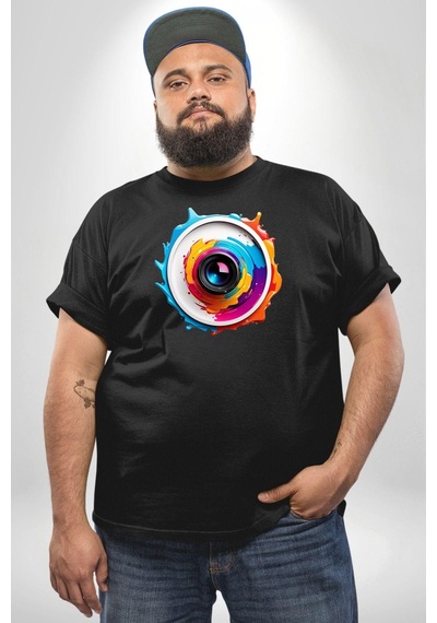Angemiel Fotoğraf Makinesi Camera Lens Siyah Büyük Beden Erkek Kadın Unisex Basic Ön Baskılı Tişört Siyah