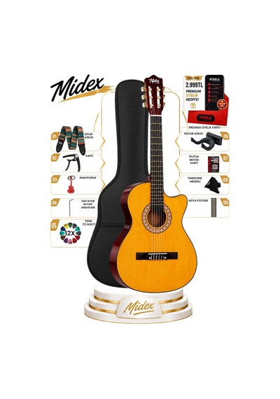 Midex CG-395YLX Klasik Gitar 4/4 Kesik Kasa Full Set (Çanta Askı Tuner Metod Pena)