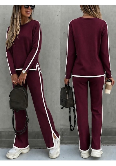 Bhrwear Kadın Uzun Kollu Bisiklet Yakalı Yan Şerit Detaylı Yırtmaçlı Viskon Iki Iplık Bluz Ve Pantolon Ikili Takım Renkli