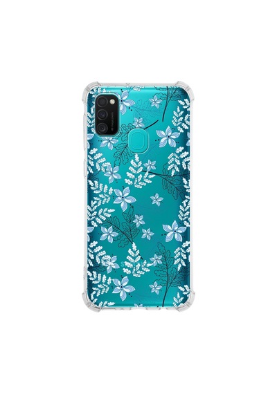 Samsung Galaxy Uyumlu M30s Köşe Korumalı Antişok Kapak Floral Mavi Tasarımlı Şeffaf Kılıf