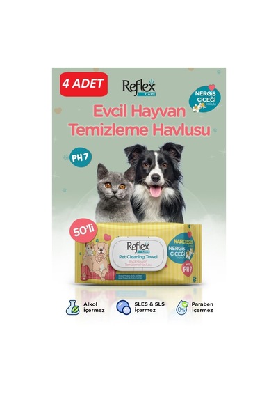 Reflex Care Evcil Hayvanlar İçin Çok Amaçlı Hijyenik Temizleme Havlusu 50'li - Nergis Çiçeği Kokulu 4 Paket