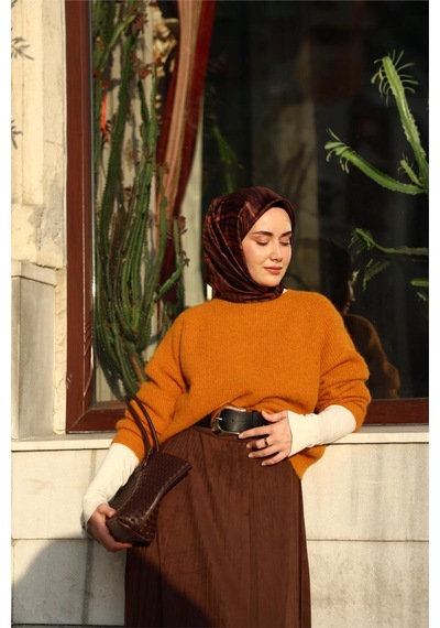Silk Home Twill İpek Eşarp Kahverengi Mercan Geometrik Desenli Tok Duruşlu 90x90 Çok Renkli