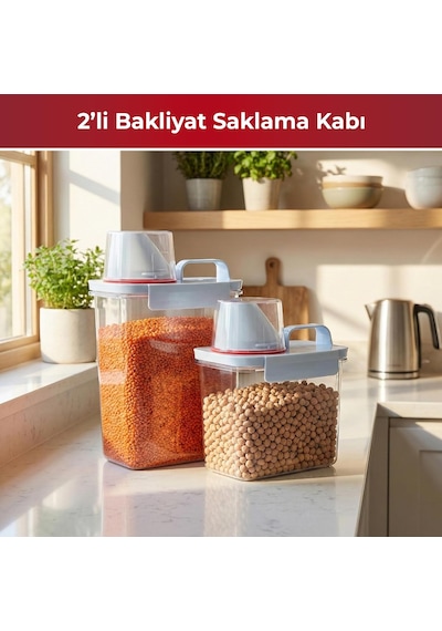 2 Li Saklama Kabı Sıkı Kapanan Ölçekli Kapak, Sızdırmaz Erzak Bakliyat Ve Deterjan İçin Çok Amaçlı Set 1100 Ml 1800 Ml