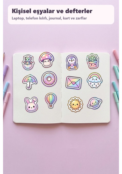 30 Adet Sevimli Figürler Sticker Seti Çilek, Hilal, Yıldızlar - Laptop Defter Telefon Çok Renkli
