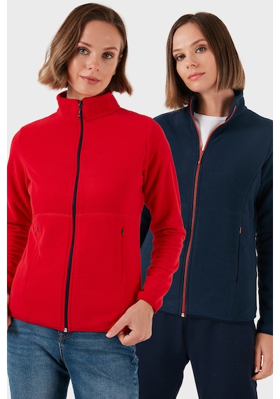 Lela Slim Fit Anti-Pilling Tüylenme Yapmayan Fermuarlı 2'Li Paket Polar Bayan Hırka 5907012S2 Kırmızı-Lacivert