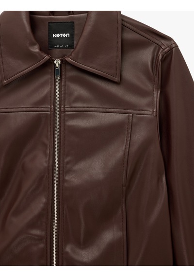 Koton Cepli Uzun Kollu Fermuarlı Suni Deri Crop Ceket Bordo 7wak20009ew