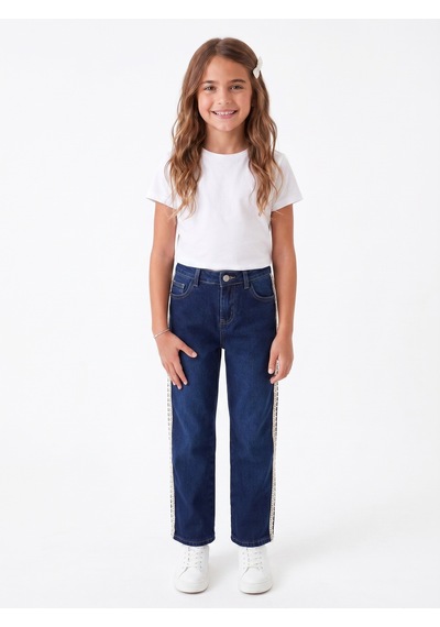 Onloox Kız Çocuk Koyu Mavi Kız Çocuk Koyu Mavi Denim Boru Paça Regular Kesim Yanı Güpür Detaylı Jean Pantolon 3-7 Yaş