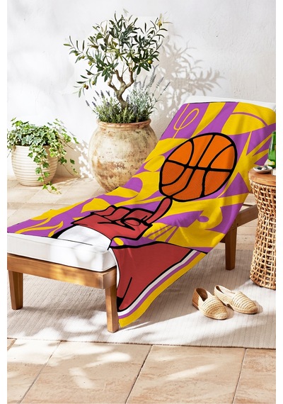 Basketbol Temalı Modern Plaj Havlusu - Geometrik Pop Art Mor Sarı Hızlı Kuruyan Mikrofiber Havlu Dalgın Defne