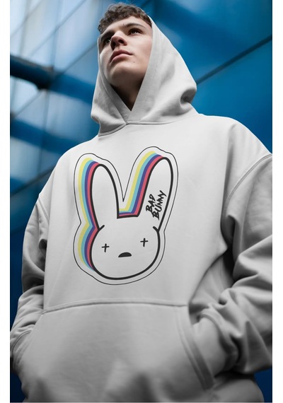 Sevbano Bad Bunny Rapper Şarkıcı Ön Baskılı Unisex Oversize Premium Hoodi beyaz