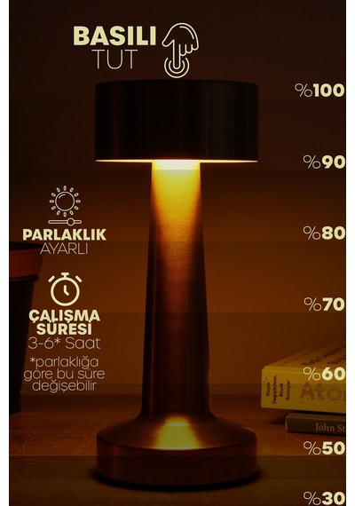 Şarjlı Dokunmatik Masa Lambası Metal 3 Işık Parlaklık Ayarlı Gece Masa Üstü Lamba Bakır A3 Bakır