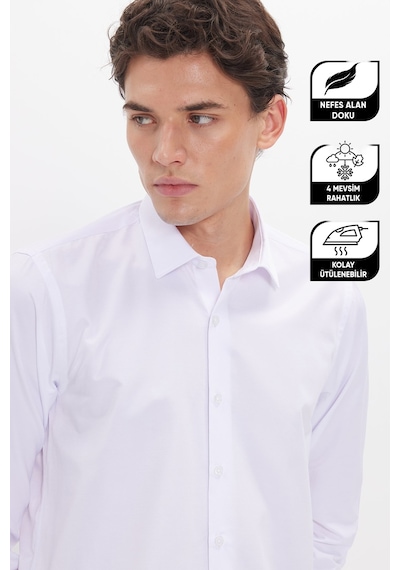 Tudors Slim Fit Uzun Kollu Kolay Ütü Teri Emen Nefes Alan Doku Kravatlık Dört Mevsim Erkek Gömlek-24607 Beyaz