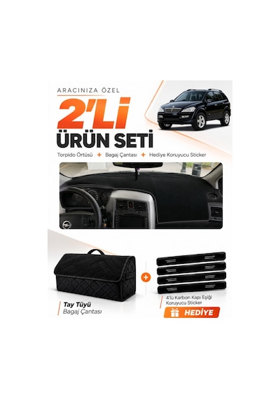 E-biz Ssangyong Kyron 2005-2012 Uyumlu Torpido Örtüsü + Tay Tüyü Bagaj Çantası - Siyah - Ss001