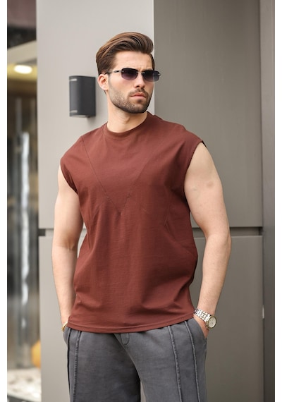 Madmext Acı Kahve Kolsuz %100 Pamuklu Basic Erkek T-shirt E7137 Acı Kahverengi