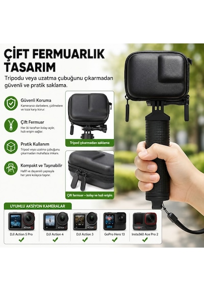 Knmaster Aksiyon Kamerası Taşıma Çantası Djı / Insta360 Kameralar Uyumlu Sert Koruyucu Çanta Siyah