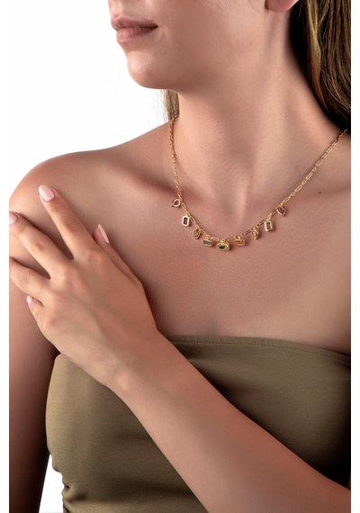 Altın Renkli İnce Zincirli Pastel Renk Taşlı Geometrik Charm Kolye Altın