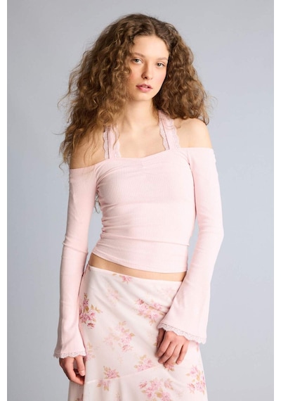 Defacto Fıtted Halter Yaka Fitilli Kaşkorse Uzun Kollu Tişört G9831ax26sppn74 Pembe-pn74