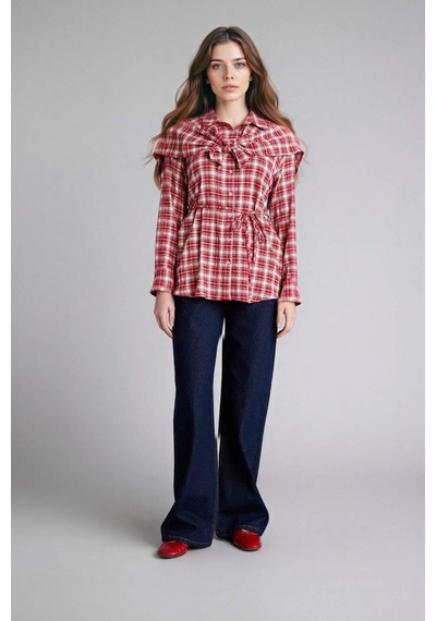 Defacto Regular Fit Kareli Gofre Dokulu Uzun Kollu Tunik G8348ax26sprd117 Kırmızı-rd117