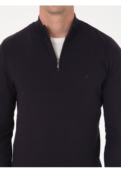 Cacharel Lacivert Slim Fit Pamuk Karışımlı Yarım Fermuarlı Dik Yaka Triko Kazak