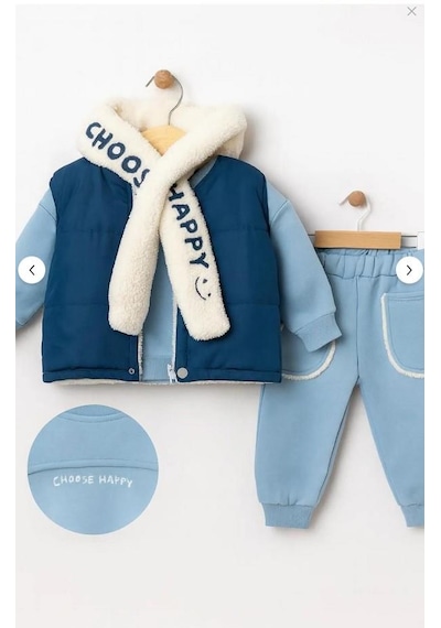 Erkek Bebek 3 Lü Kışlık Eşofman Takımı Polar Şallı, Şardonlu Yelekli, Sweatshirt Ve Alt 10697-y mavi