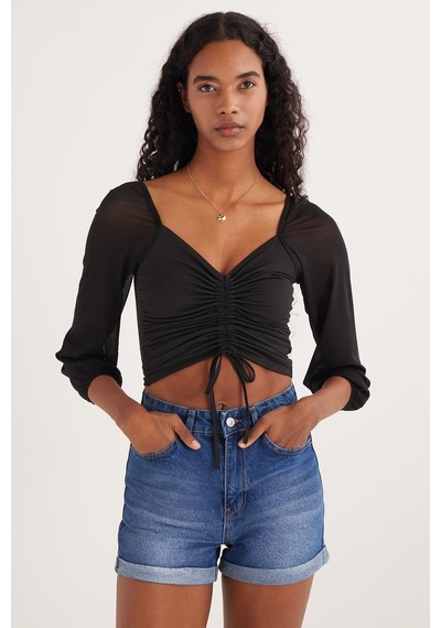 Tudors Kadın Slim Fit Dar Kesim Uzun Kollu Büzgülü Siyah Bluz-36922 Siyah