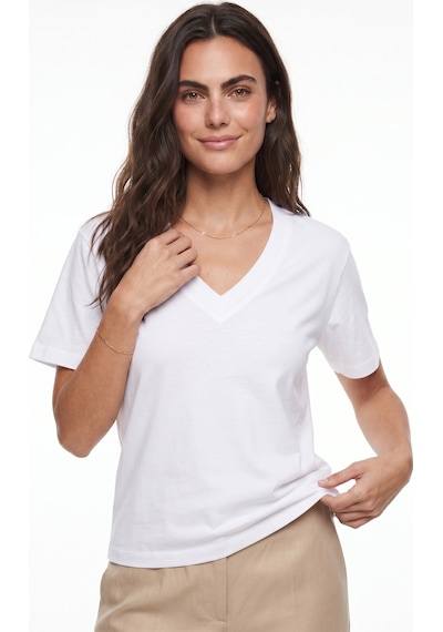Onloox Kadın Beyaz Beyaz Organik Pamuklu Derin V Yakalı Comfort Fit Kısa Kollu Rahat Kesim T-shirt