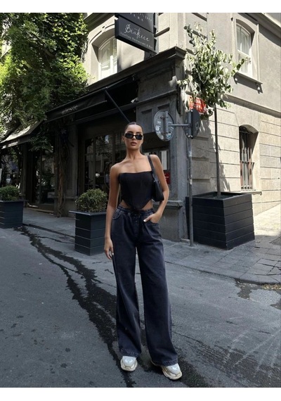 Freedom Storee Kadın Arkadan Yırtmaçlı Jeans Kot Palazzo Pantolon - Siyah Çok Renkli