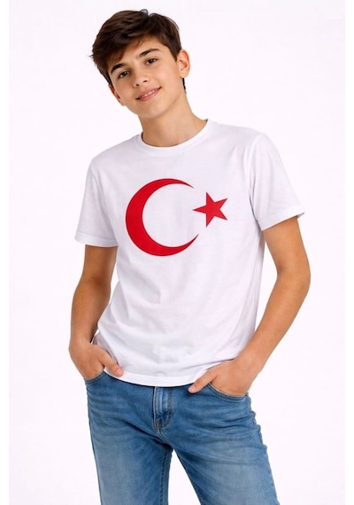Erkek Çocuk Tişört Bisiklet Yaka Ay Yıldız Bayrak Baskılı T-shirt - Beyaz