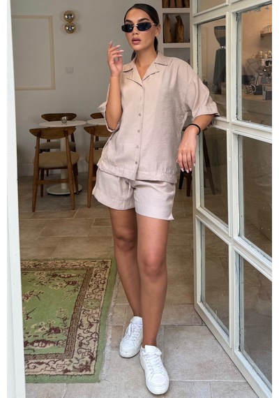Madmext Bej Kısa Kollu Modal Gömlek Şort Takım Mg2739