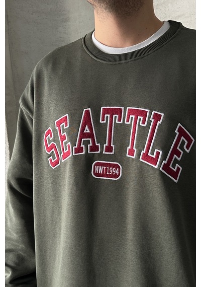 Erkek Seattle Baskılı Oversize Sweatshirt Haki