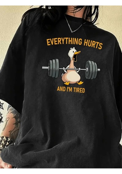 Wear Vexel Kadın T-shirt Ördek Baskılı Bisiklet Yakalı Kısa Kol Tişört - Siyah Siyah