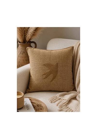 Punch Nakışlı Kırlent Kılıfı 45 x 45 CM Kırlangıç Desenli Hardal