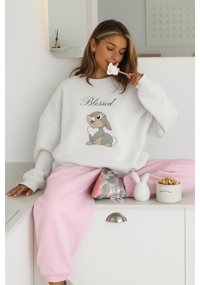 Benroma 3 İplik Penye Blessed Tavşan Baskılı Unisex Sweatshırt Beyaz