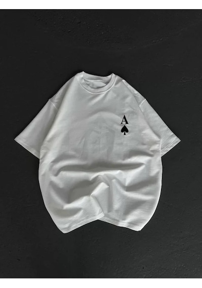 Buğrahayalin Unisex Bisiklet Yaka Baskılı Oversize T-shirt - Beyaz Beyaz