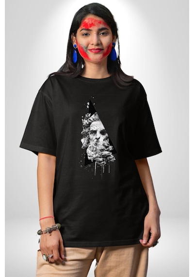 Poseidon Felsefe Pamuklu Bisiklet Yaka Unisex Oversize Boyfriend Dijital Baskılı Siyah T-shirt Siyah