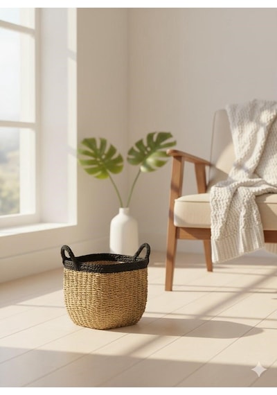 Kare Siyah Detaylı Sepet Küçük 30x27x25 Cm Kahverengi