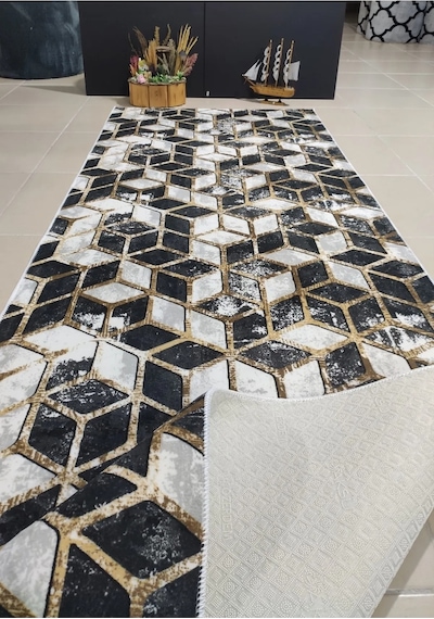 Arbese Kaymaz Taban Halı Koridor Antre Mutfak Yatak Odası Kesme Jel Yolluk Beyaz Siyah Renk Model:207