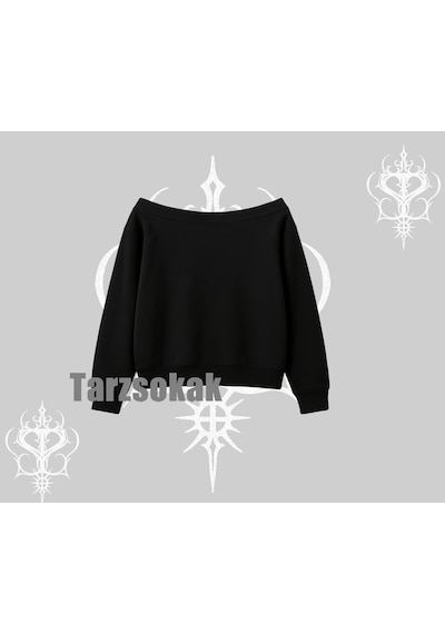 Startmore Kayık Yaka Sweatshirt Hello Anime Kız Sevimli Karakter Baskılı Siyah