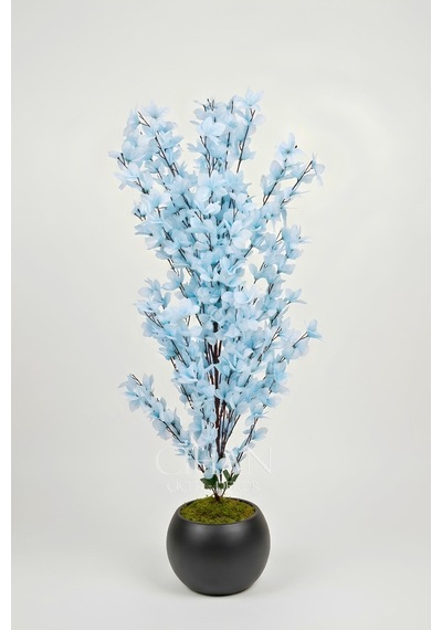 Yapay Açık Mavi Sakura Kiraz Çiçeği Ağacı 120 Cm - Küre Plastik Saksılı 27x33 Cm Saksı Beyaz