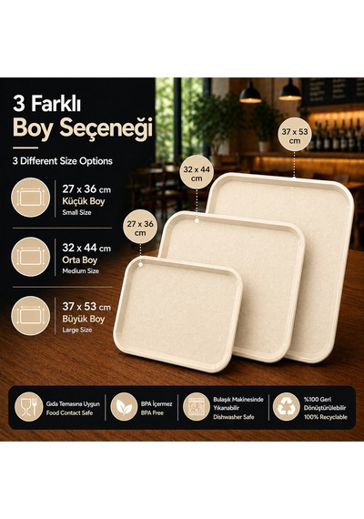 6 Adet Abs Servis Tepsisi Kaymaz Yüzeyli 32x44 Cm Kırçıllı Bej Endüstriyel Kullanıma Uygun, Kırılmaz, Bpa Free 7 Renk Seçenekli