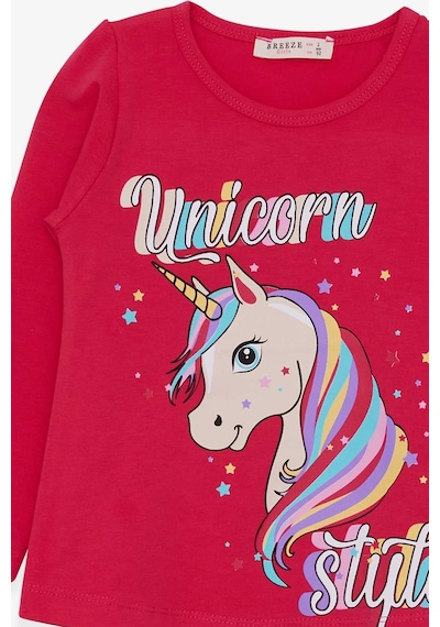 Breeze Kız Çocuk Uzun Kollu Tişört Unicorn 2-6 Yaş, Fuşya