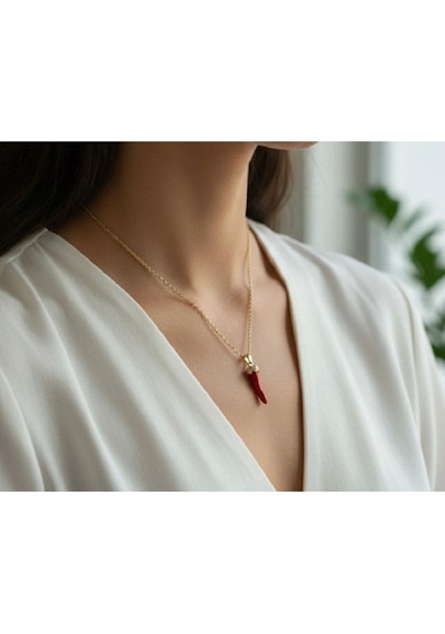 Kırmızı Çelik Biber Şans Kolyesi Unisex Altın Renk Zincir Altın