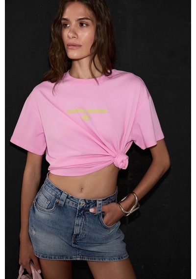 Grımelange Fıneste Kadın Yumuşak Kumaşlı %100 Organik Pamuklu Baskı Detaylı Pembe T-shirt