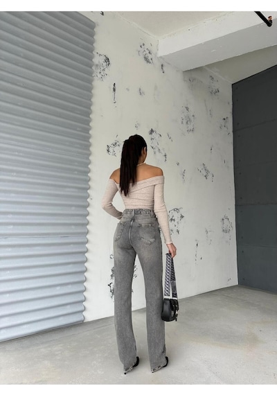 Straıght Boru Paça Grey Jean Gri