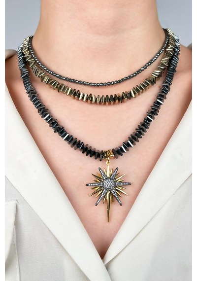 Kutup Yıldızı Uçlu Doğal Hematik Taşlı Tasarım Kolye - Füme Füme