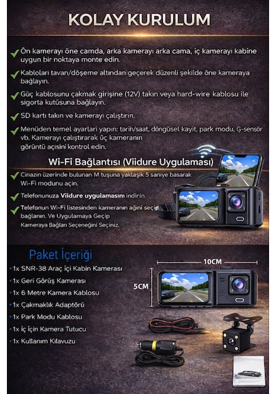 Snr-38 Wi-fi 3 Kameralı Araç İçi Güvenlik Kamerası Ir Gece Görüşü G-sensör Ön-arka-iç Kayıt Dashcam